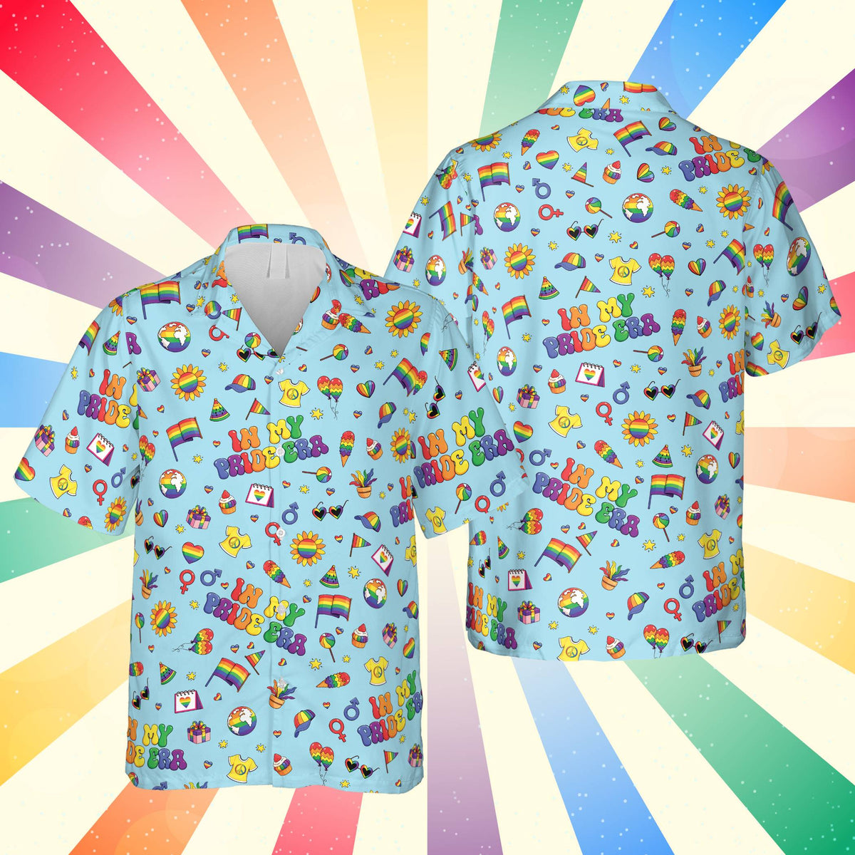 Multicolor pride hawaiian shirt front view on blue background, matching family apparel