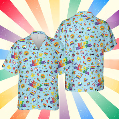 Multicolor pride hawaiian shirt front view on blue background, matching family apparel