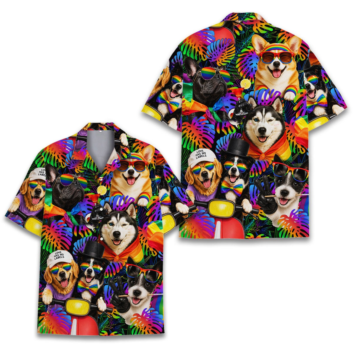 Pride dogs hawaiian shirt featuring an all-over tropical print on a black base