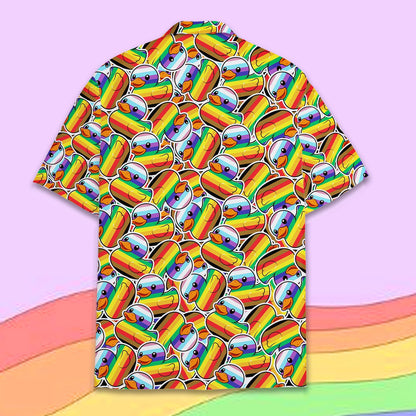 Back view of the multicolor rainbow pride matching family hawaiian shirt