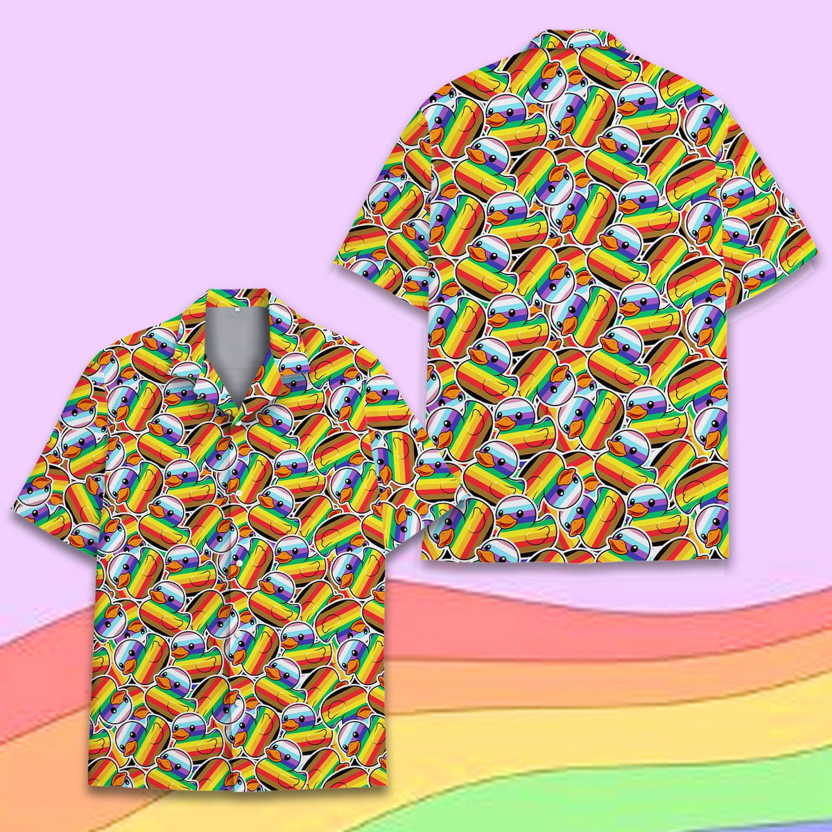 Second front view displaying the detailed vibrant rainbow pride pattern on the hawaiian shirt