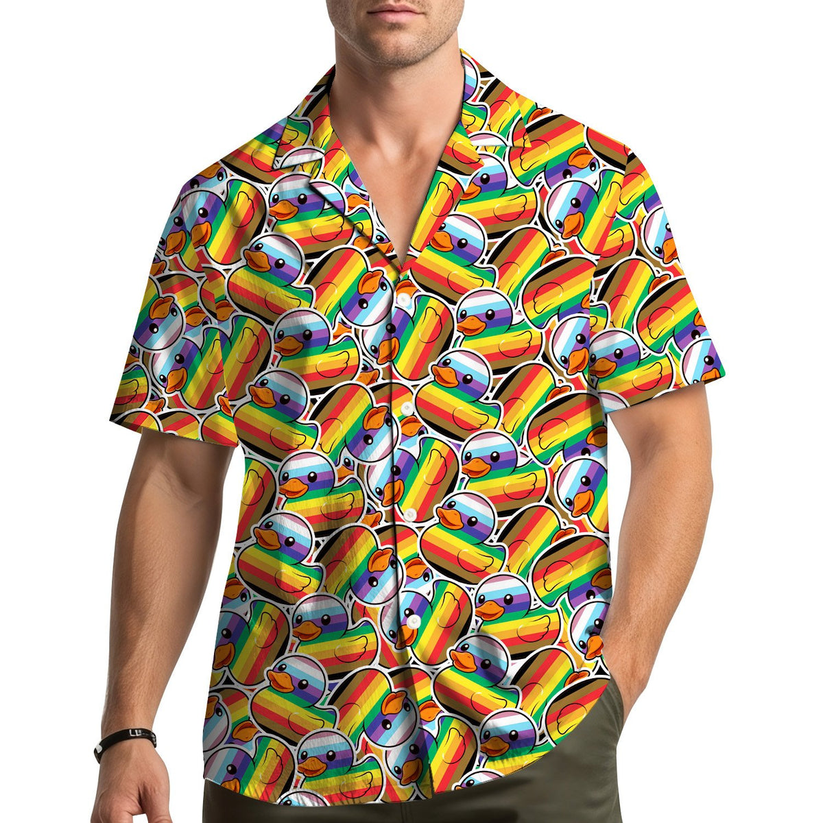 Lifestyle image showing people wearing the rainbow pride matching family hawaiian shirts