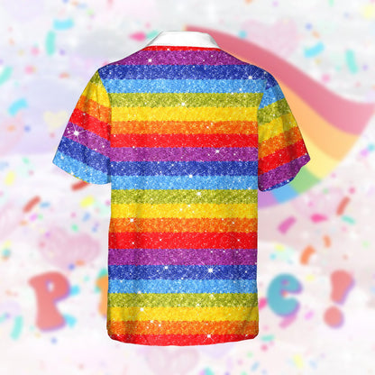 Close up front view of the multicolor pride hawaiian shirt