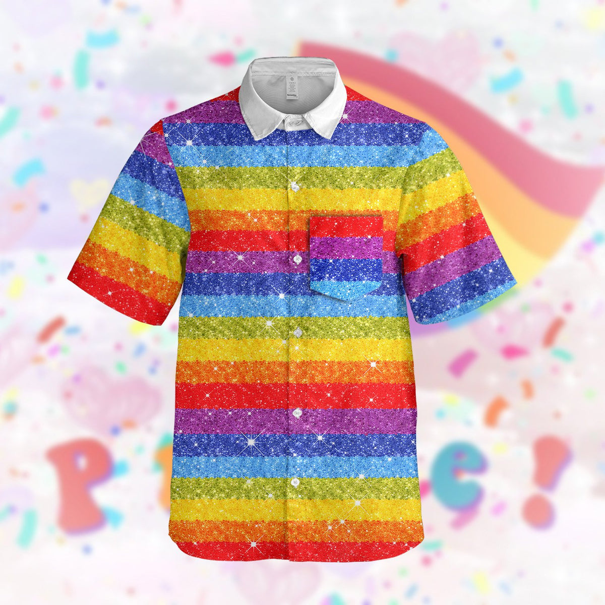 Another front view angle of the rainbow striped hawaiian shirt