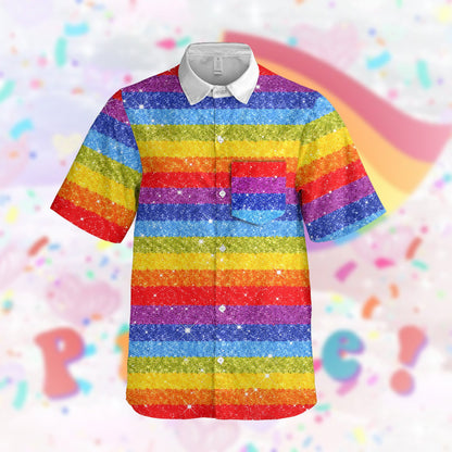Another front view angle of the rainbow striped hawaiian shirt