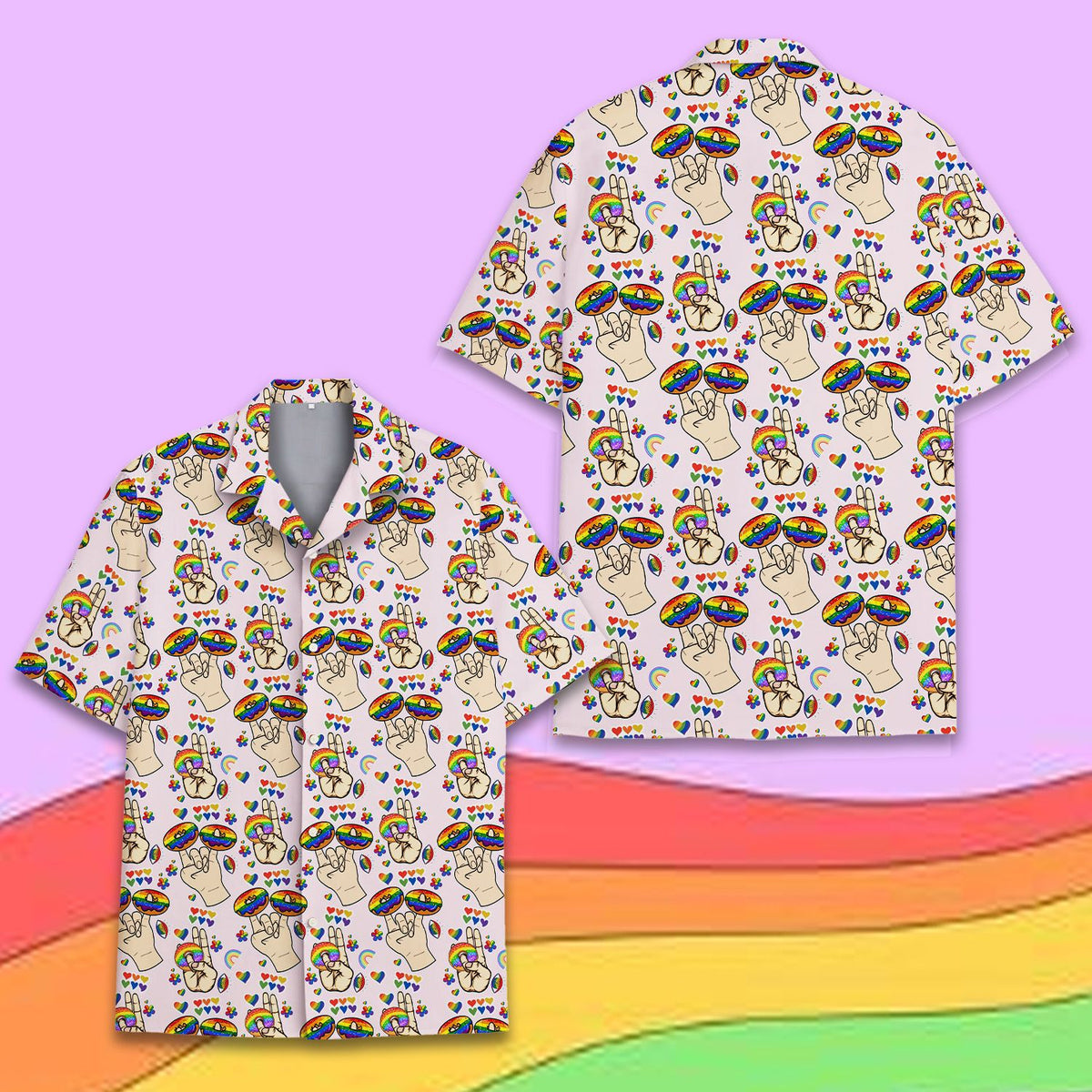 Back view of the pink pride hawaiian shirt