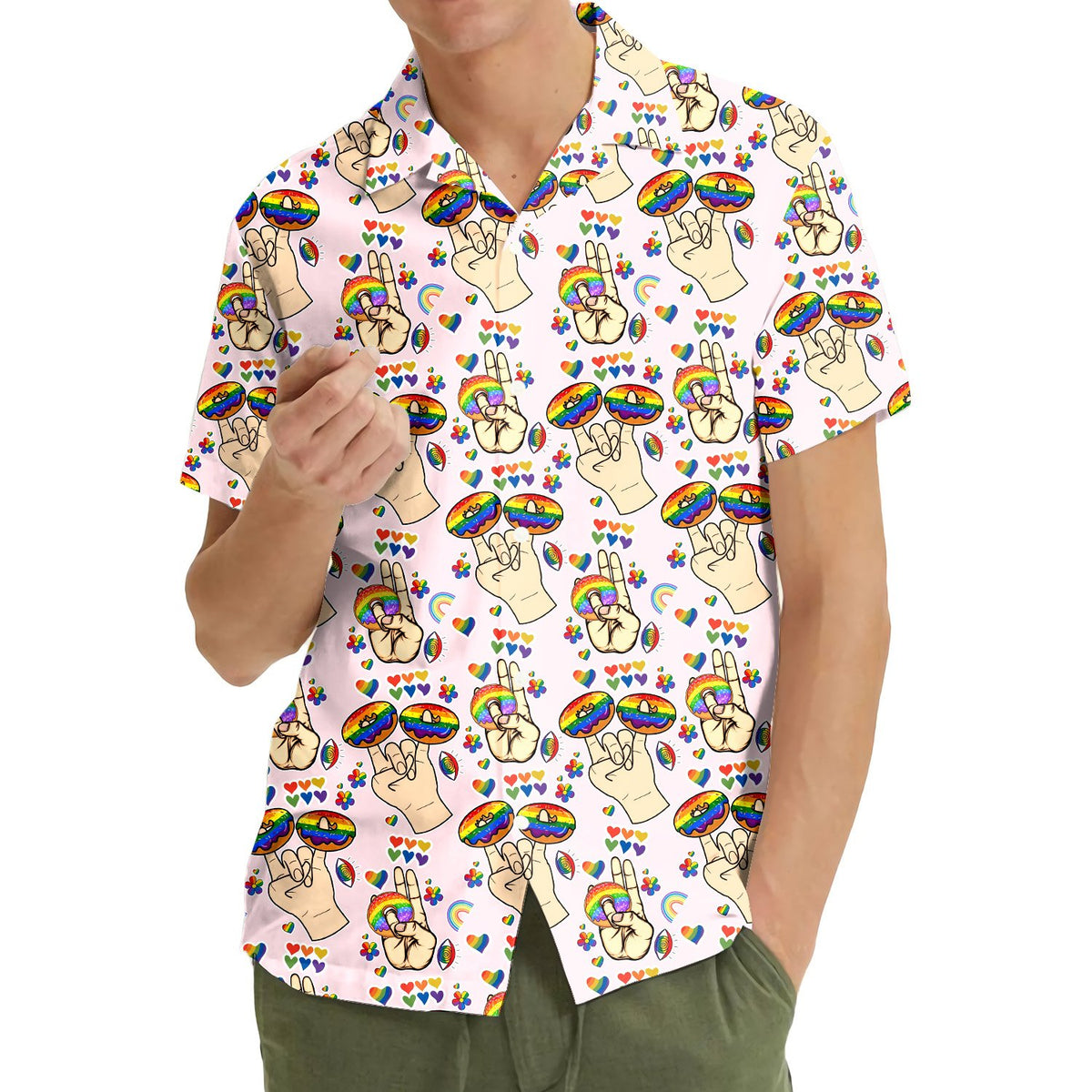 Lifestyle view of an adult wearing the pink pride hawaiian shirt