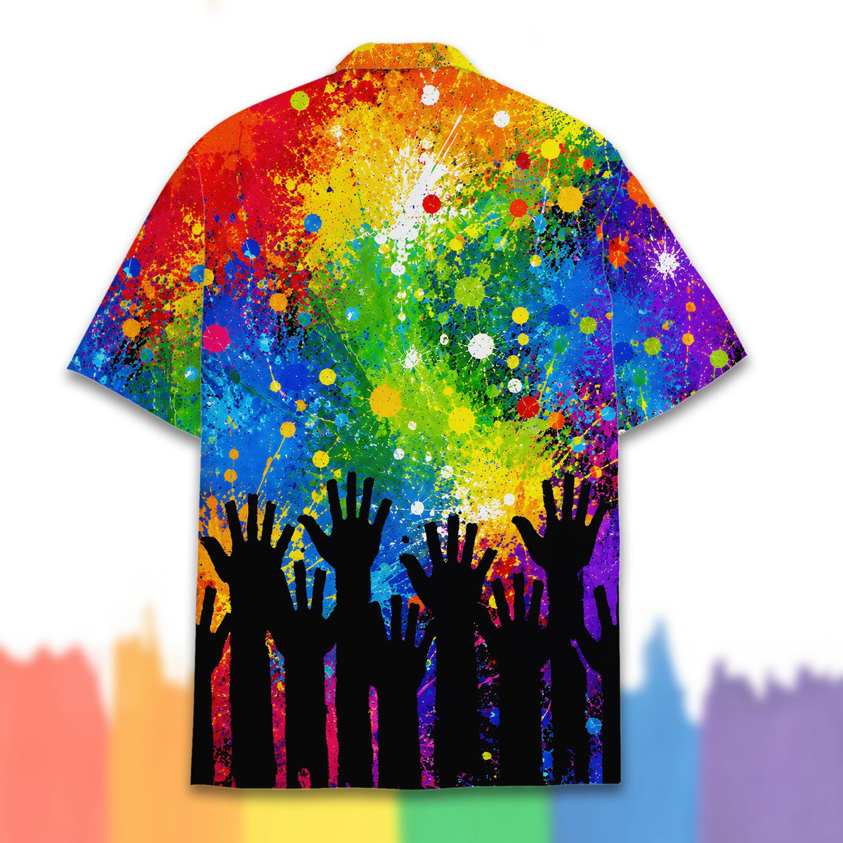 Close-up back view of the abstract paint splatter pattern on the pride hawaiian shirt