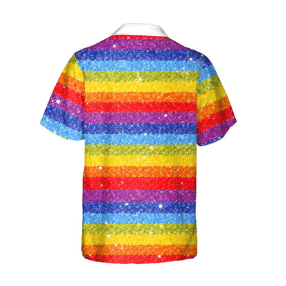 Detailed back view of the rainbow striped hawaiian shirt