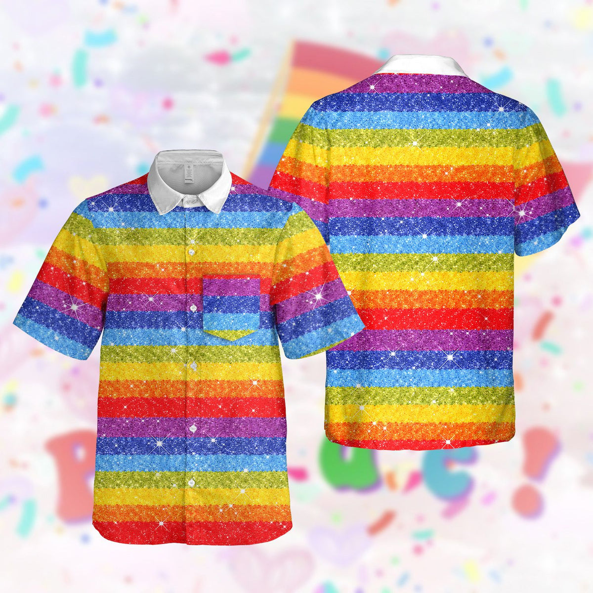 Close up back view of the pride hawaiian shirt pattern