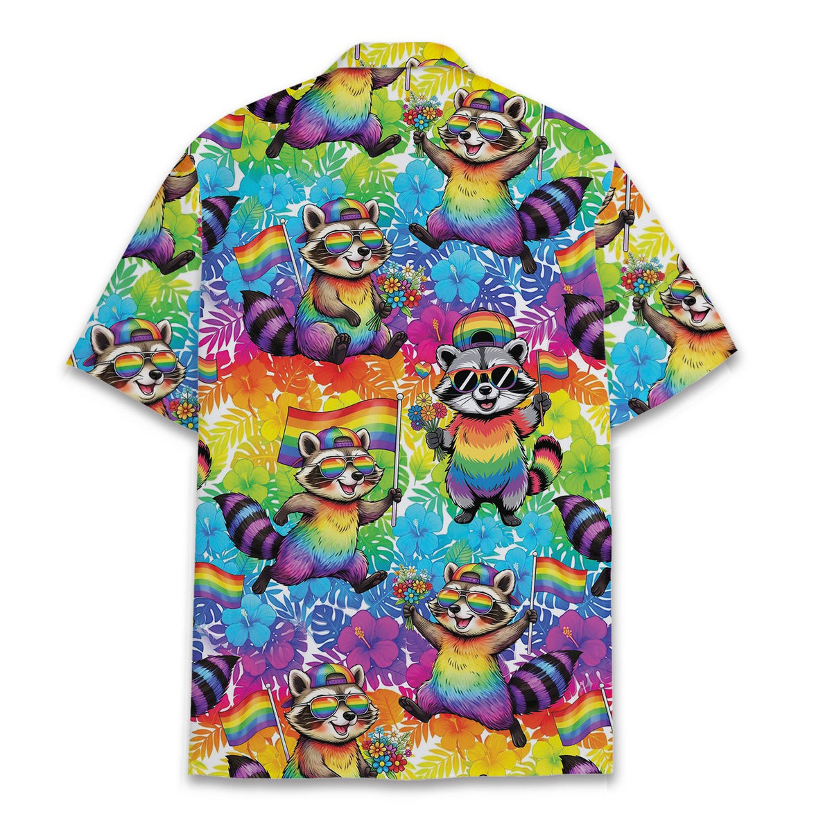 Back view of the matching family hawaiian shirt with rainbow raccoon design
