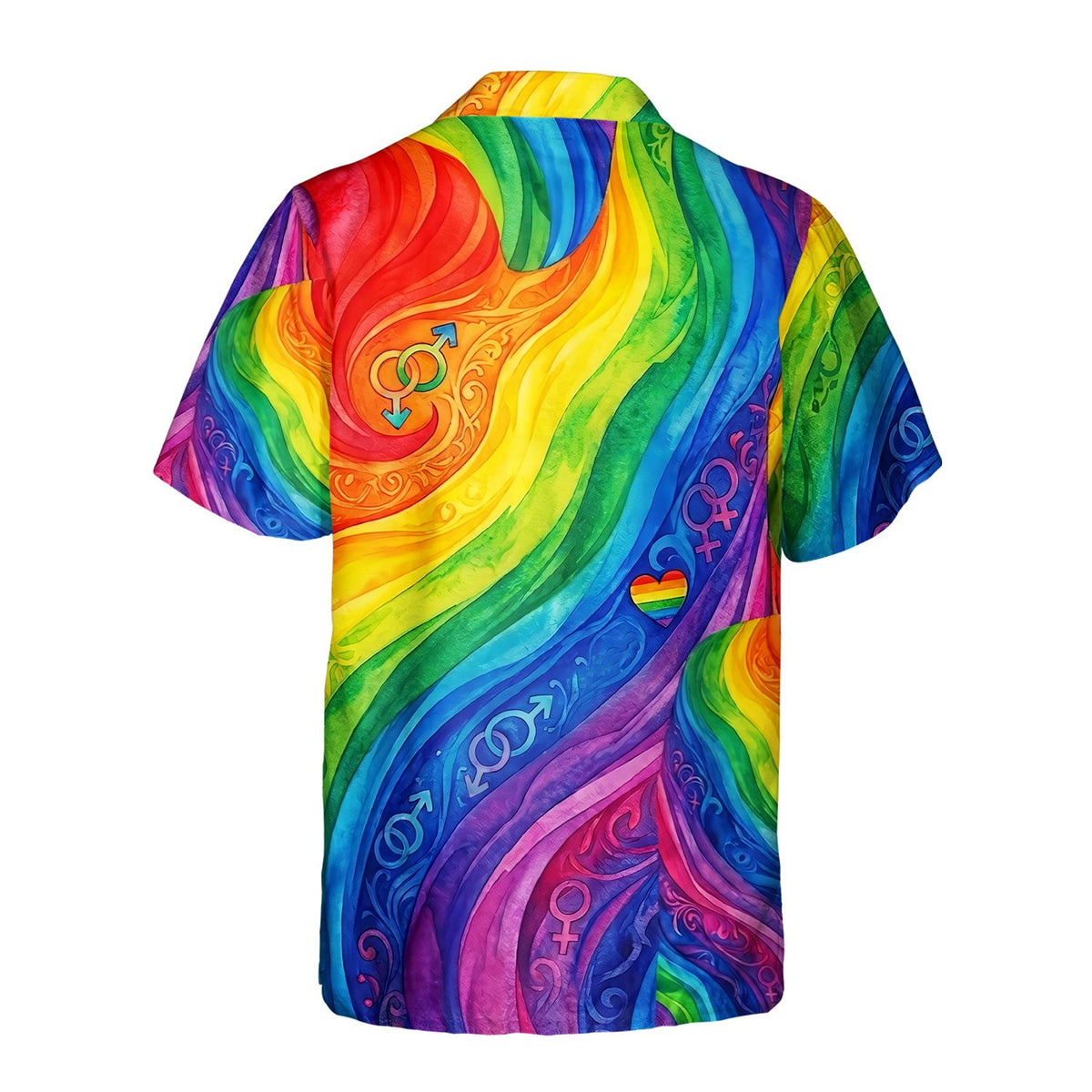 Back view of the vibrant multicolor pride hawaiian shirt