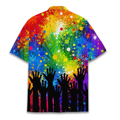 Back view of the vibrant multicolor rainbow paint splatter pride hawaiian shirt