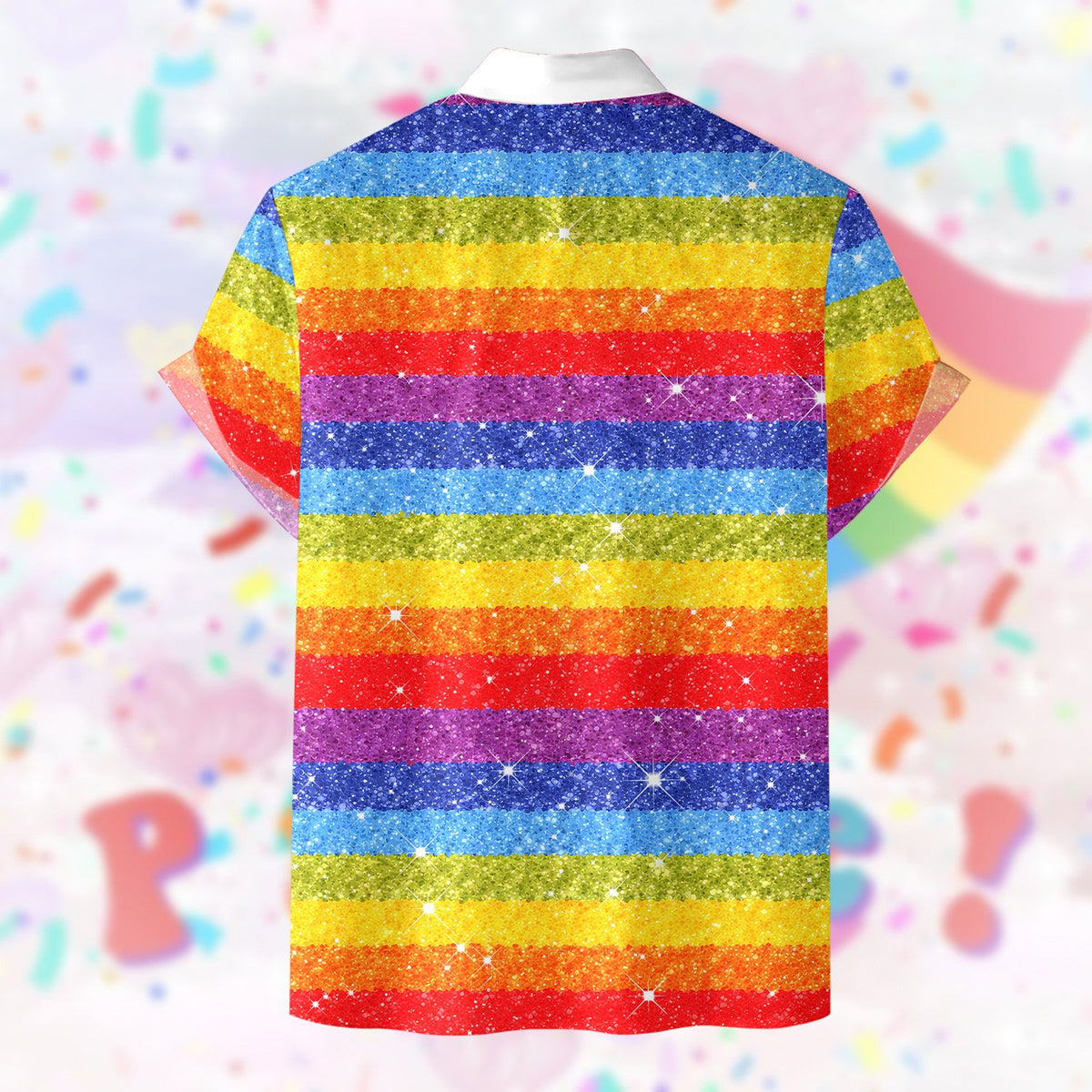 Back view of the pride hawaiian shirt showing horizontal rainbow stripes