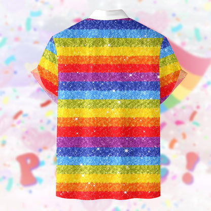 Back view of the pride hawaiian shirt showing horizontal rainbow stripes