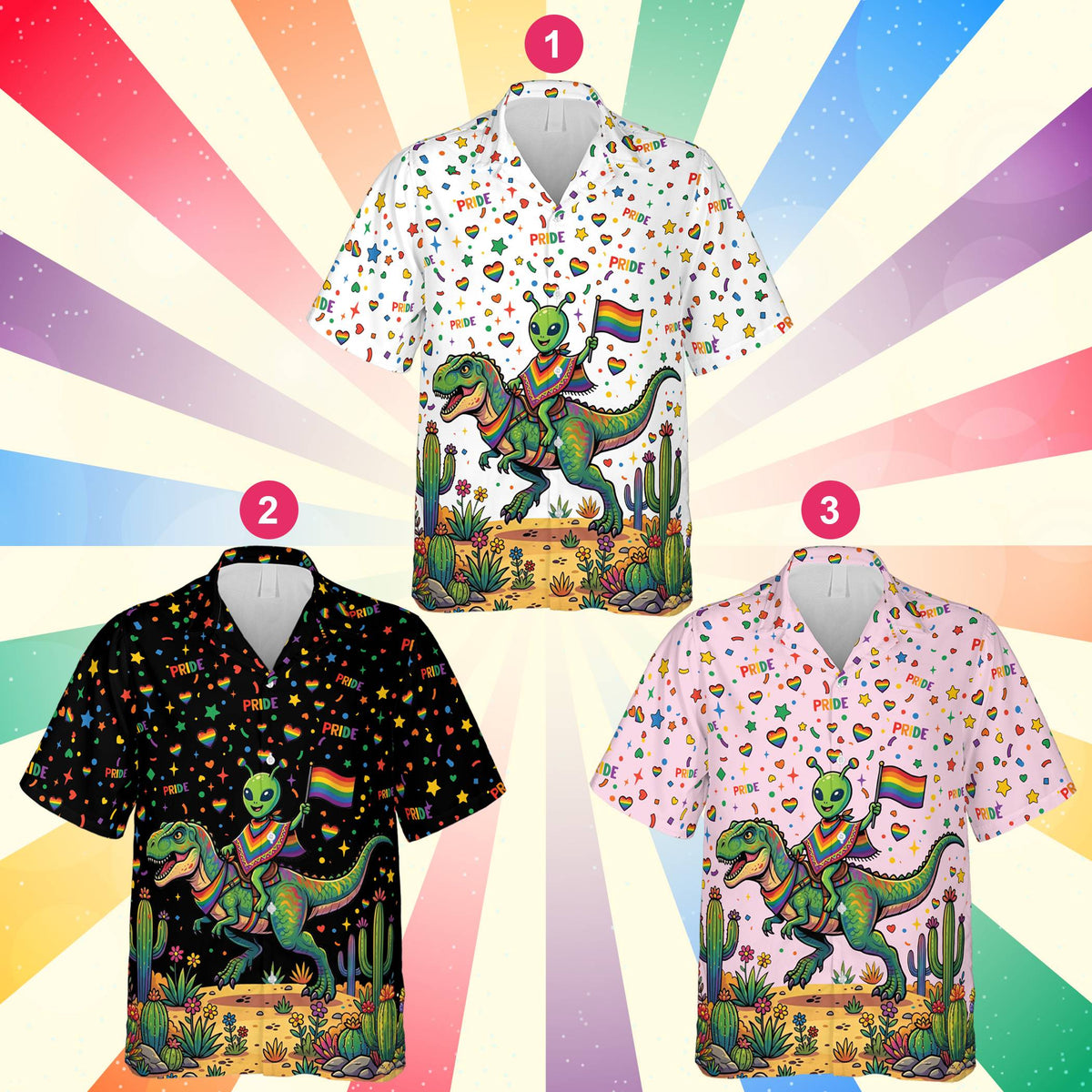 Multicolor pride hawaiian shirt with alien and T-Rex design, front view