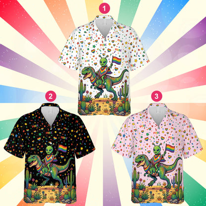 Multicolor pride hawaiian shirt with alien and T-Rex design, front view