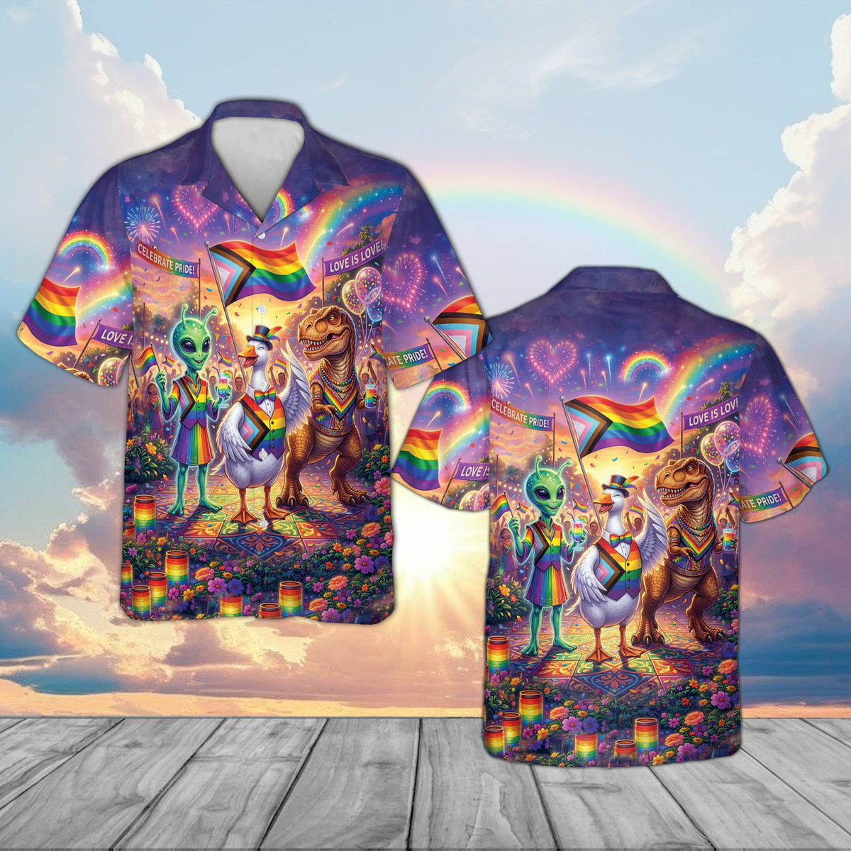 Front view of the purple pride hawaiian shirt with rainbows and 'Love is Love' banner