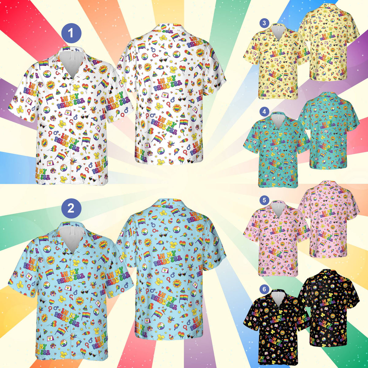 Multicolor pride hawaiian shirt front view with bright retro design