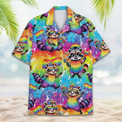 Detailed front view of the rainbow raccoon tropical hawaiian shirt