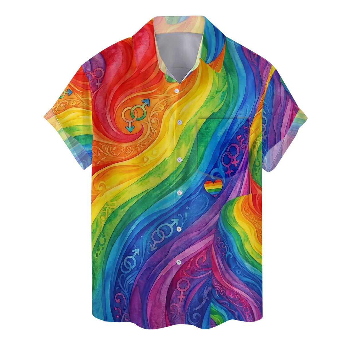 Alternative front view of the rainbow pride hawaiian shirt on a flat surface