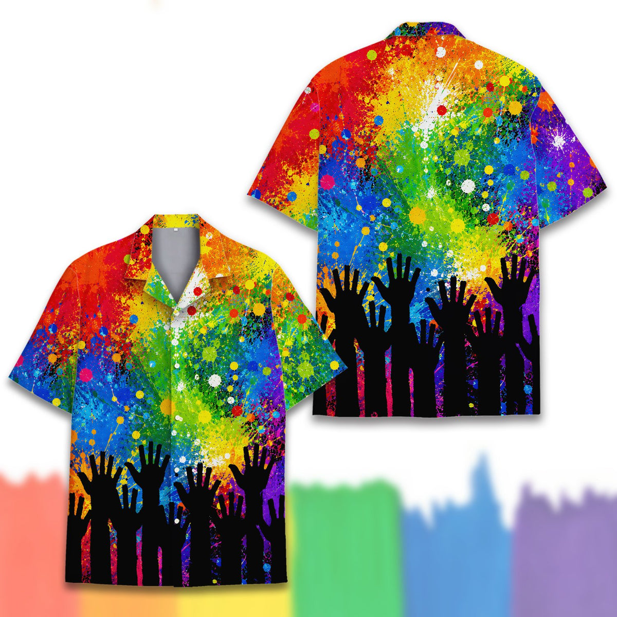 Close-up front view of the rainbow splatter design on the pride hawaiian shirt