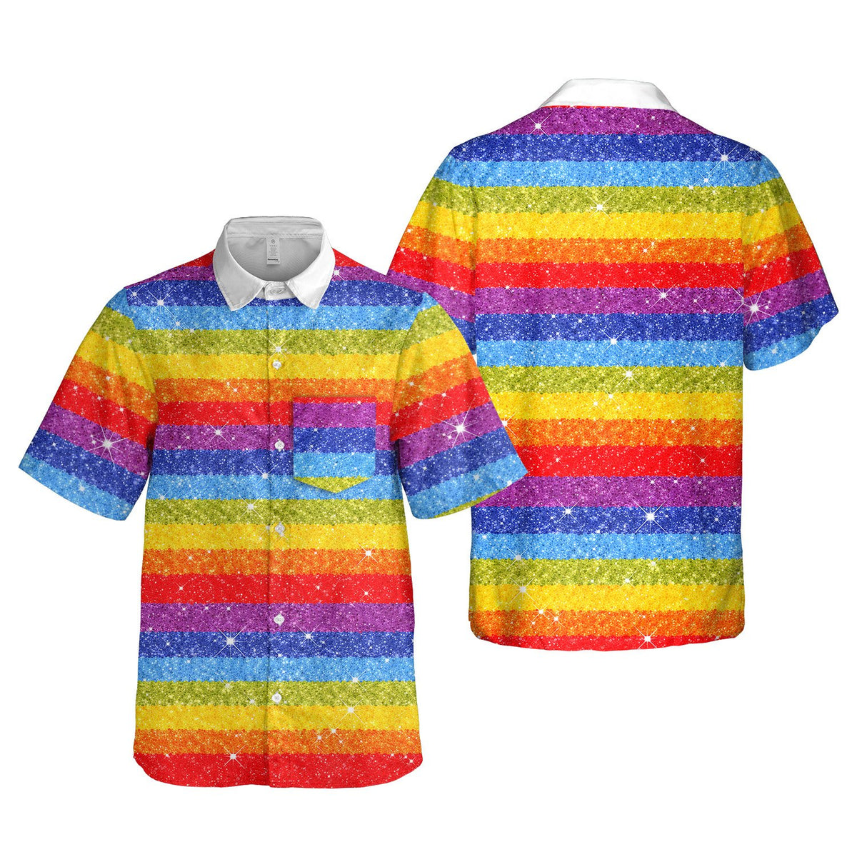 Detailed front view of the pride rainbow striped hawaiian shirt