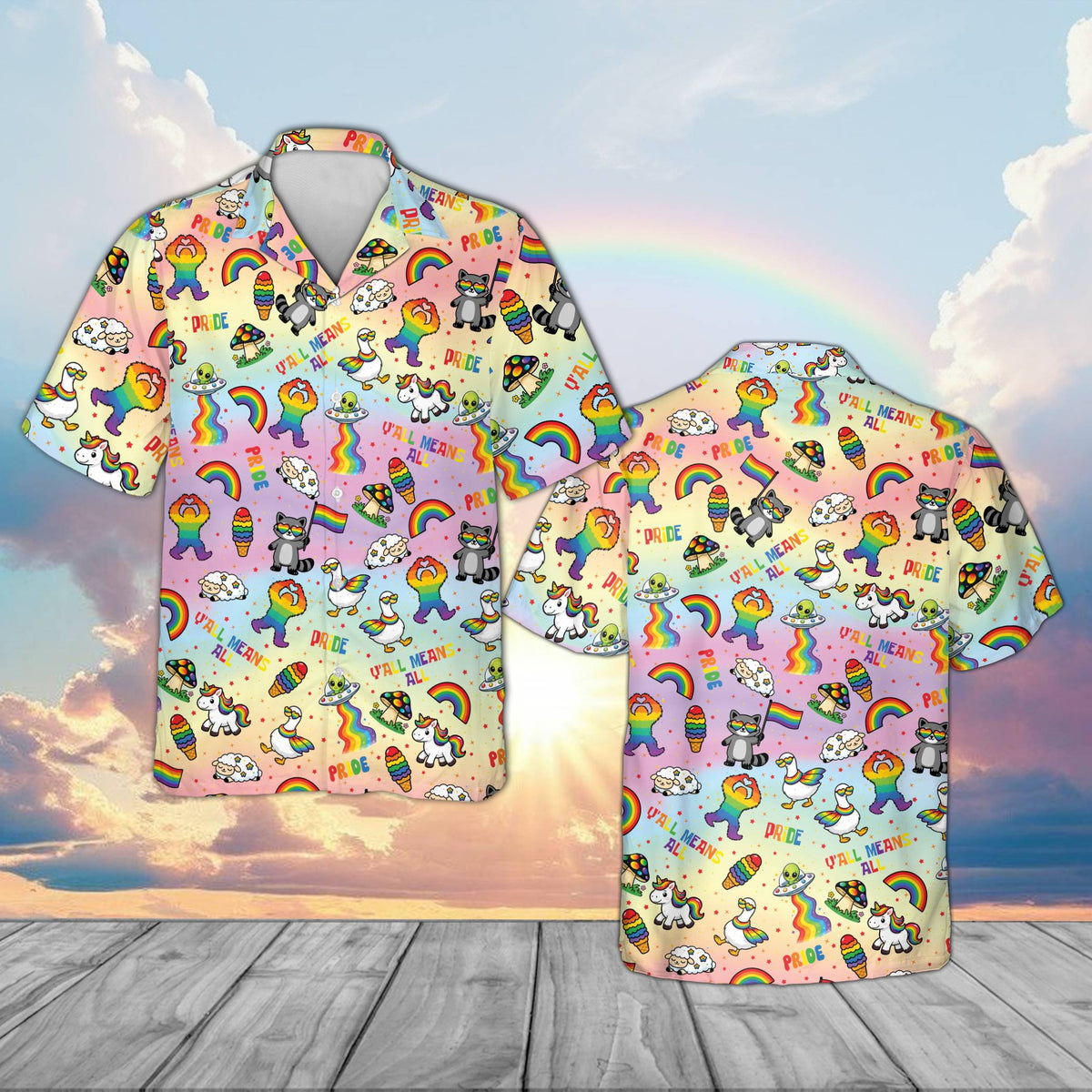 Multicolor family matching hawaiian shirts featuring pride elements, front view