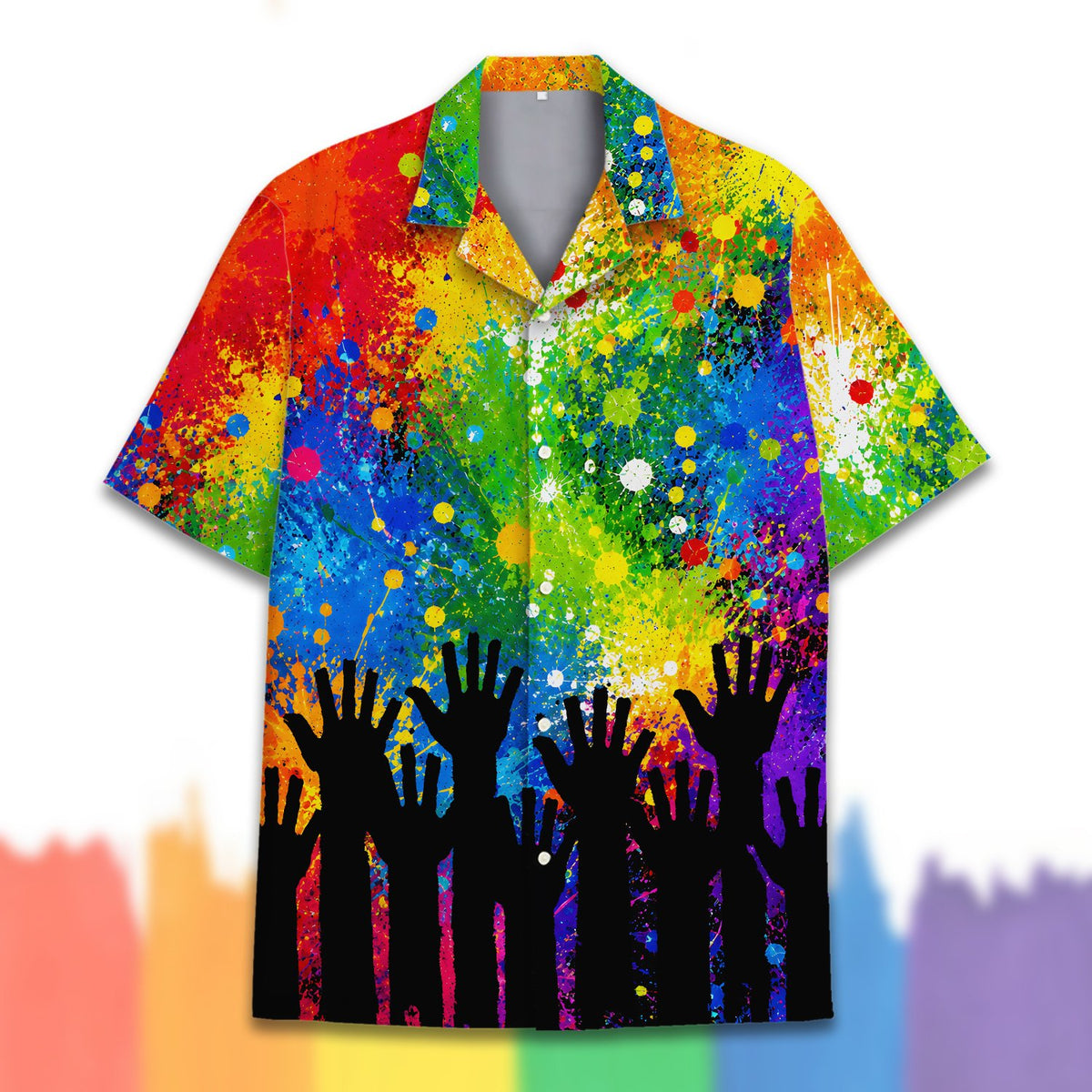 Detail shot of the button-down front and collar of the pride hawaiian shirt