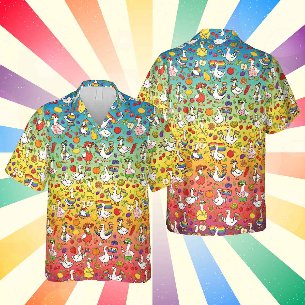 Multicolor matching family hawaiian shirt with ducks and fruits, front view