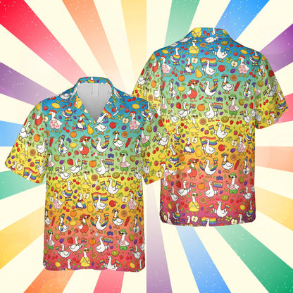 Multicolor matching family hawaiian shirt with ducks and fruits, front view