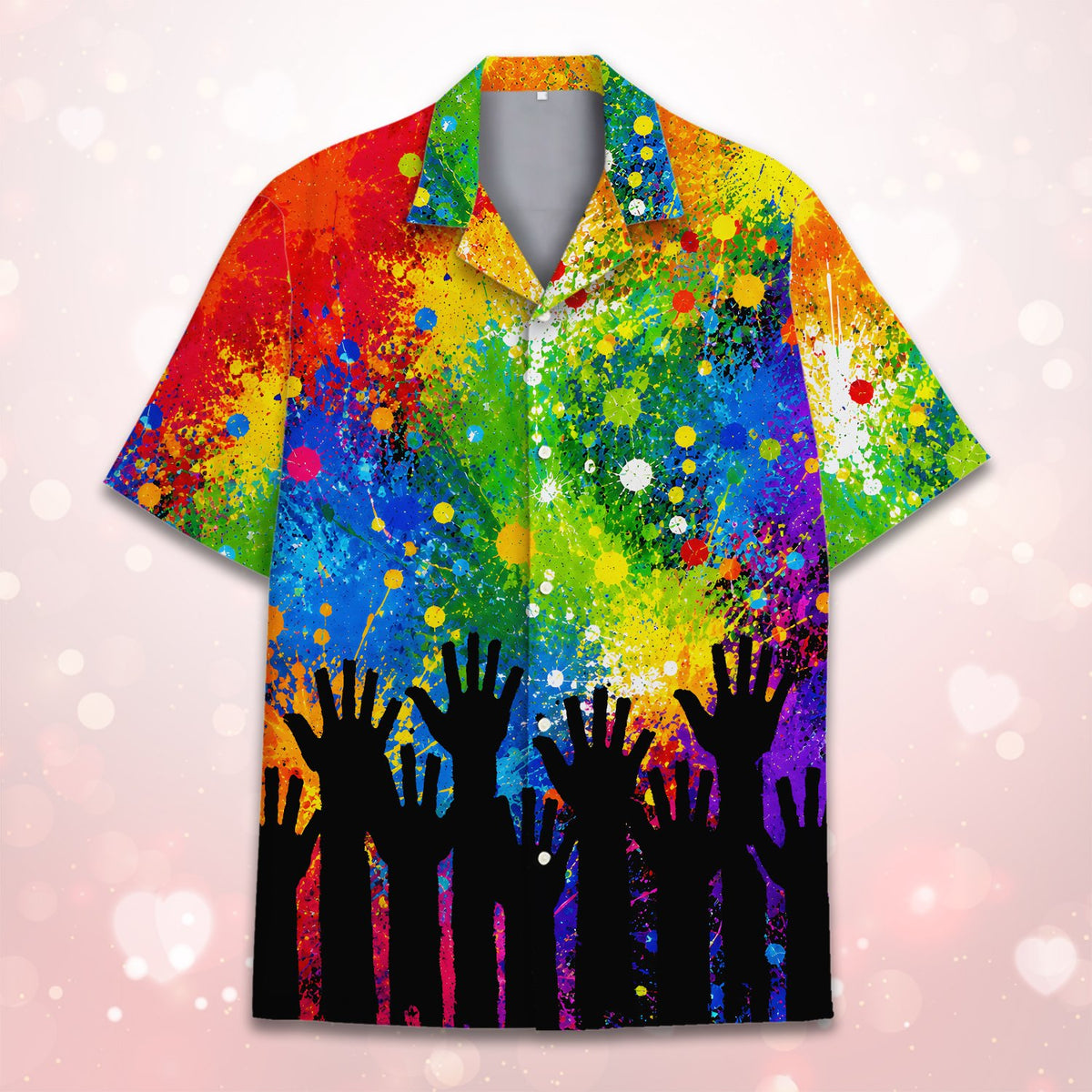 Close-up view of the black raised hands silhouettes along the bottom hem of the pride hawaiian shirt