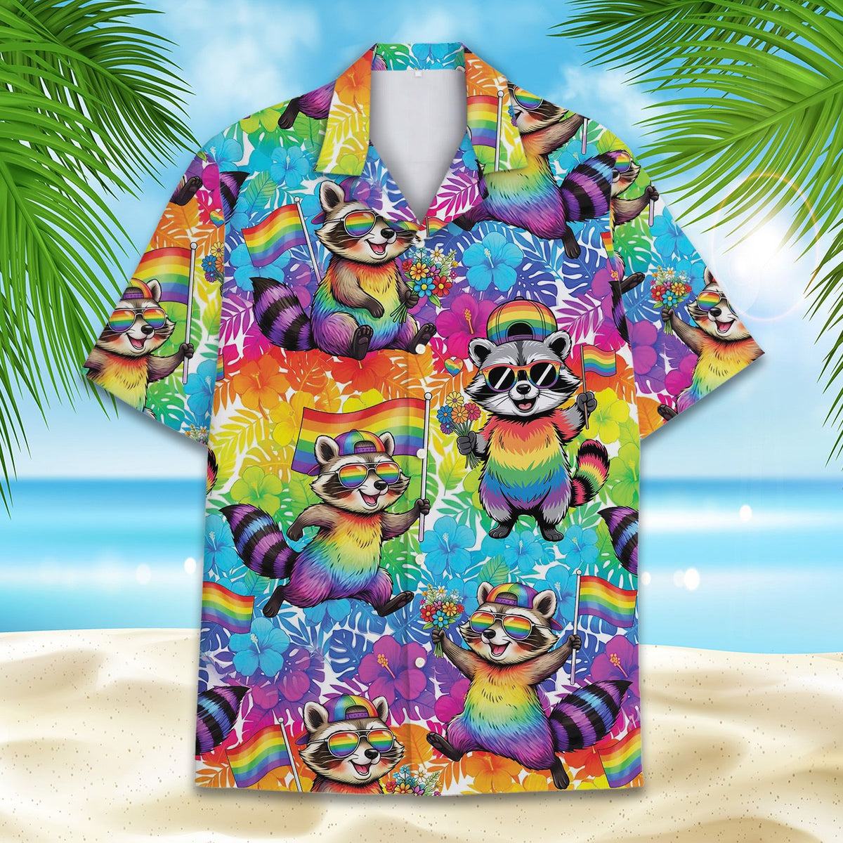 Front view of the vibrant multicolor pride hawaiian shirt
