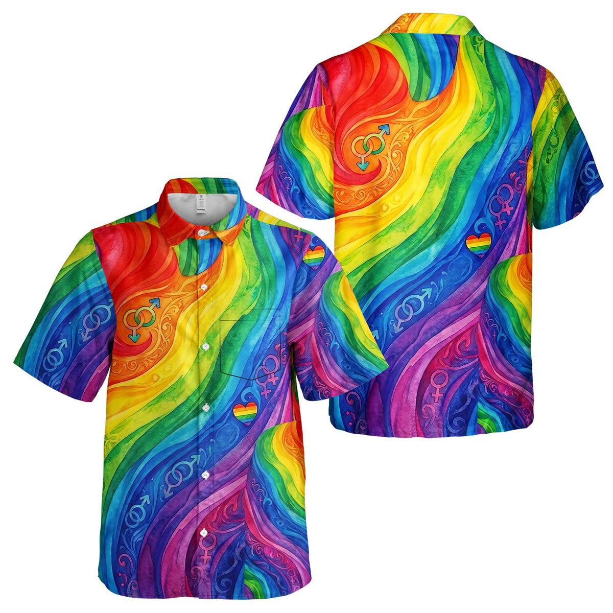 Front view of the matching family hawaiian shirt with abstract colorful gender symbols