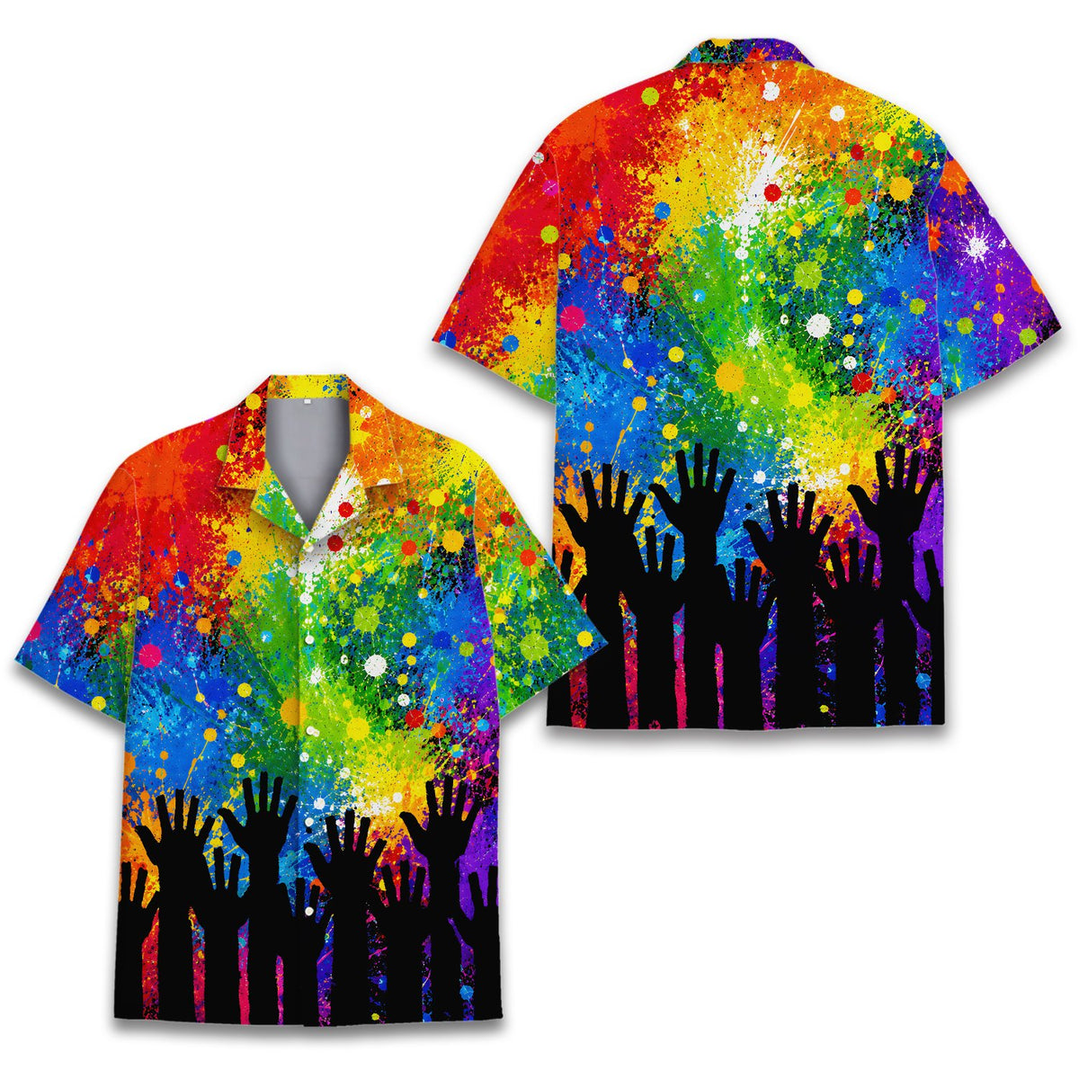 Main view of pride hawaiian shirt featuring a vibrant rainbow paint splatter background and black raised hands silhouettes on the bottom hem