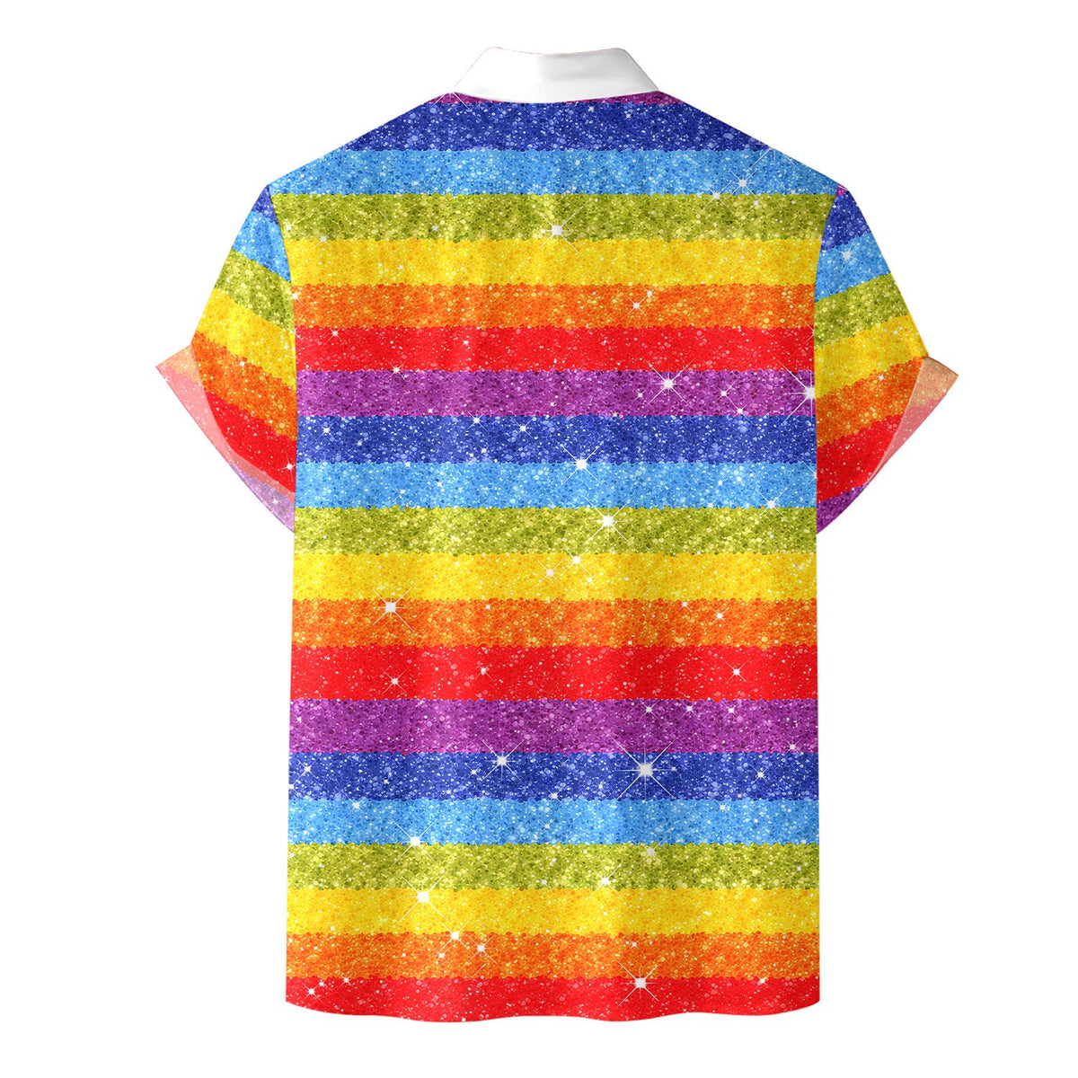 Vibrant pride hawaiian shirt with faux glitter rainbow stripes on a hanger