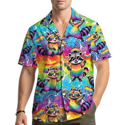 Another lifestyle view showcasing the vibrant tropical raccoon hawaiian shirt