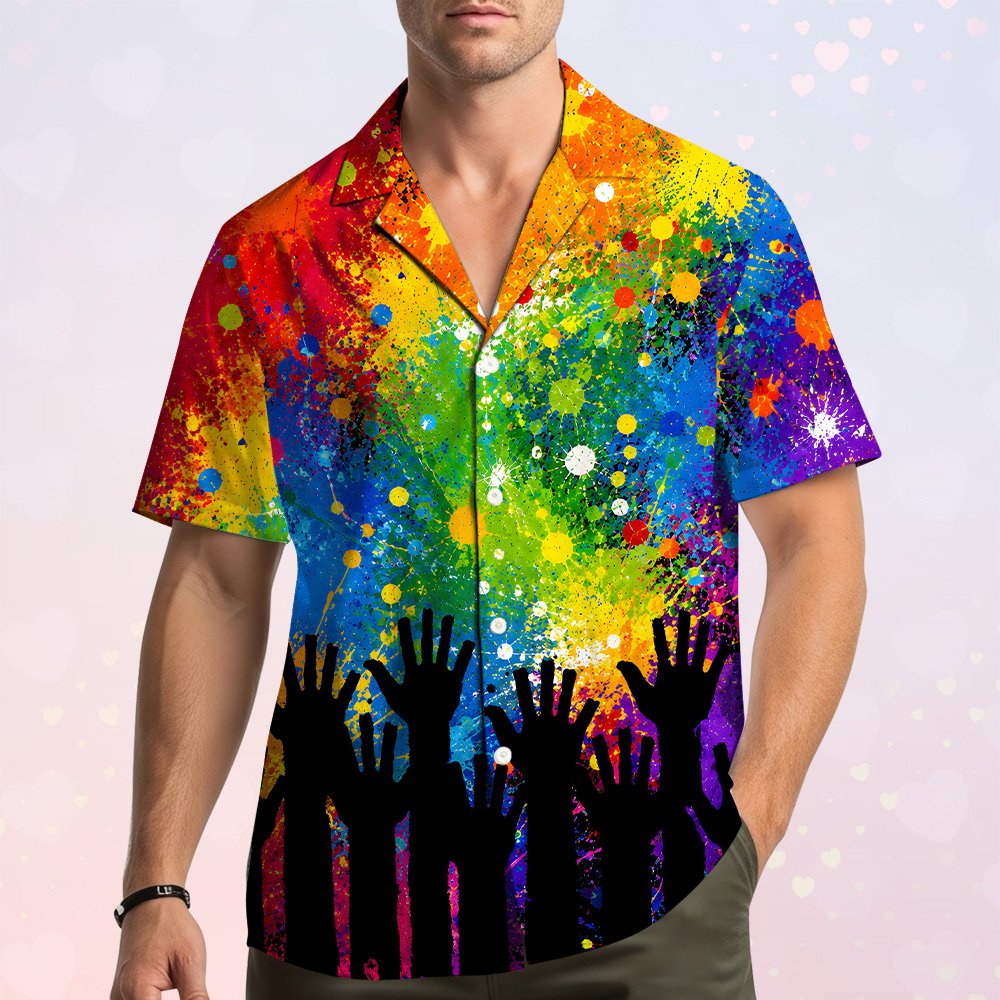 Second lifestyle view showcasing the vibrant colors of the pride hawaiian shirt