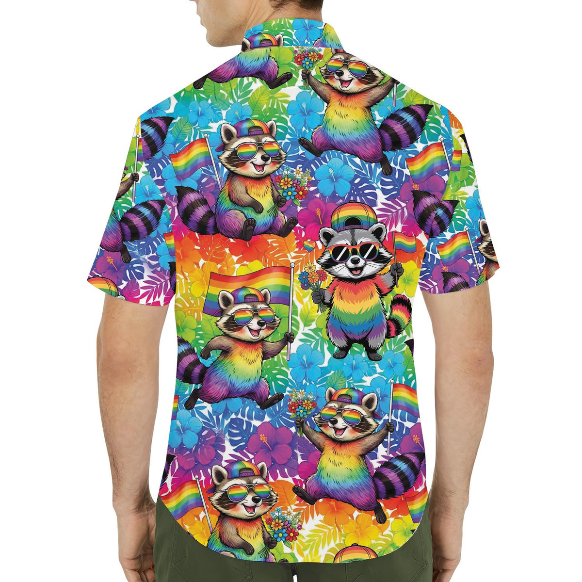 Lifestyle view of someone wearing the colorful pride hawaiian shirt