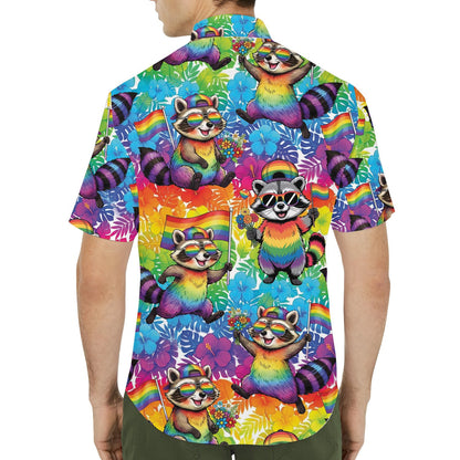 Lifestyle view of someone wearing the colorful pride hawaiian shirt