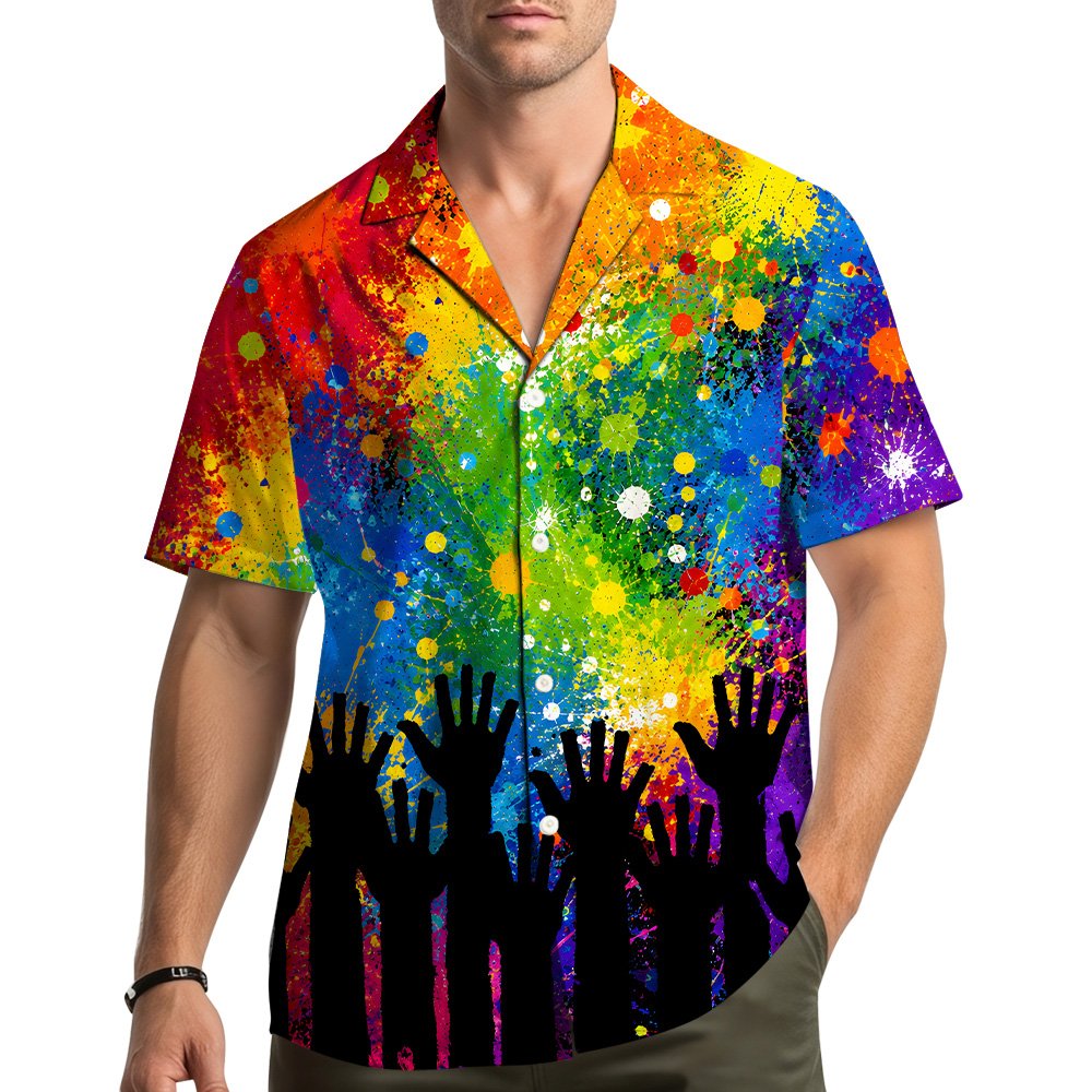 Lifestyle view of a person wearing the matching family hawaiian shirts in a casual outdoor setting