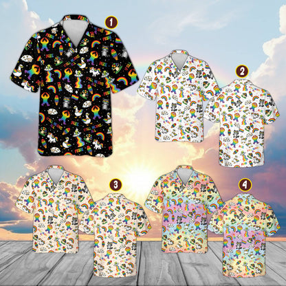 Close up view of the pride hawaiian shirt pattern with UFOs and animals
