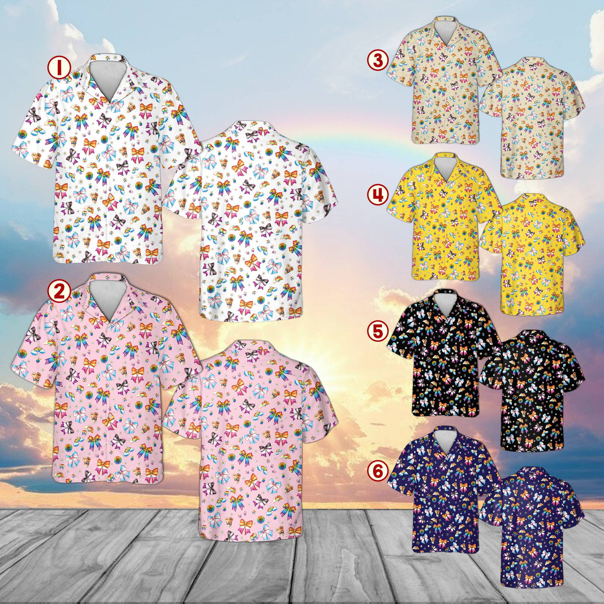 Group of multicolored pride hawaiian shirts for family matching outfits