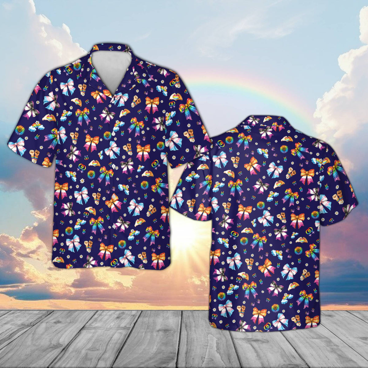 Navy pride hawaiian shirt with vibrant all over print, front view