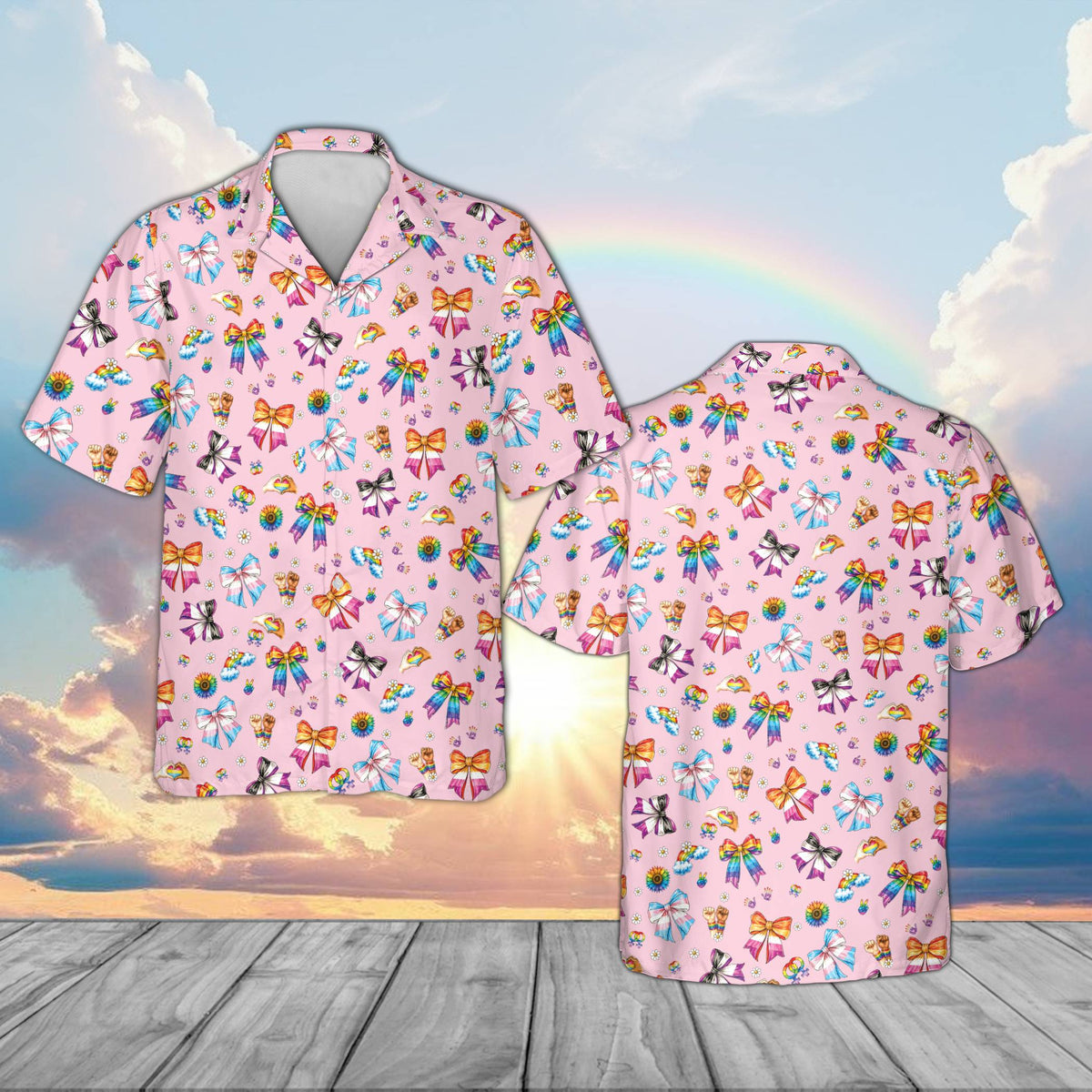 Pink pride hawaiian shirt with abstract print, front view
