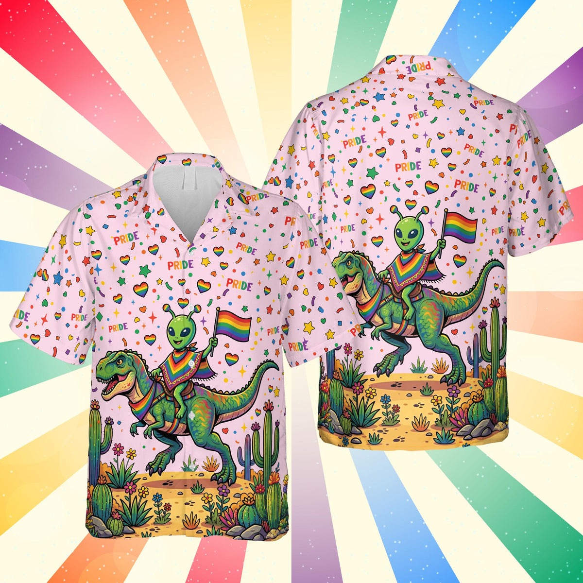 Pink matching family hawaiian shirt with pride alien and dinosaur pattern, front view