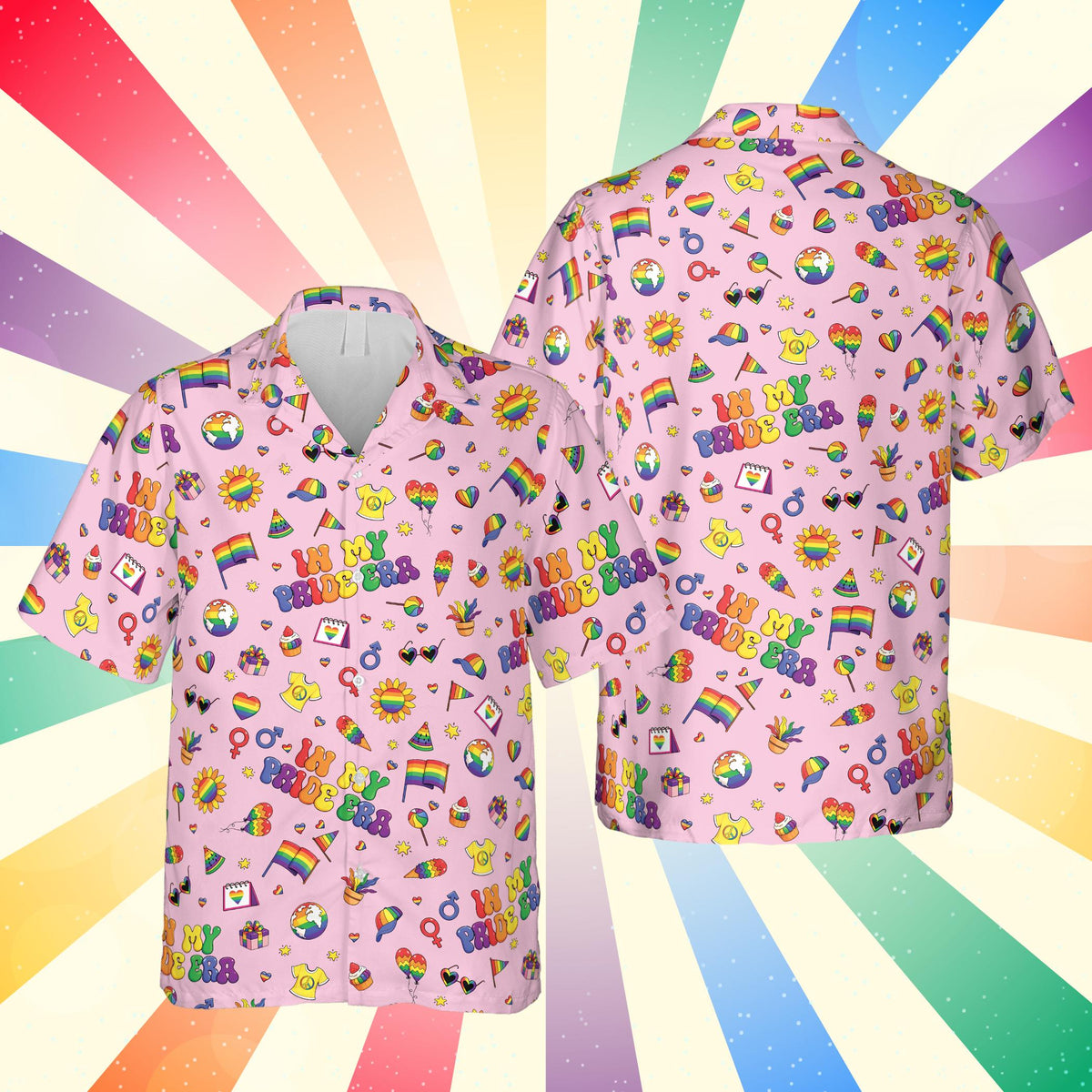 Multicolor pride hawaiian shirt front view on pink background
