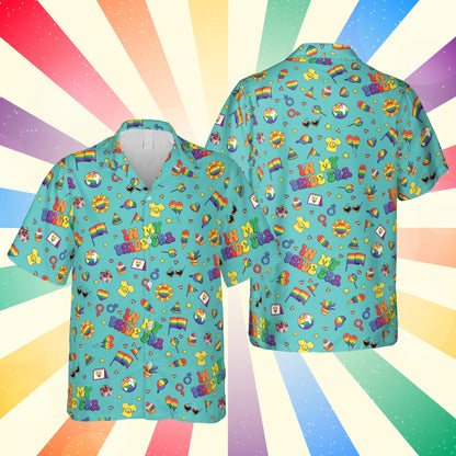 Multicolor pride hawaiian shirt front view on teal background