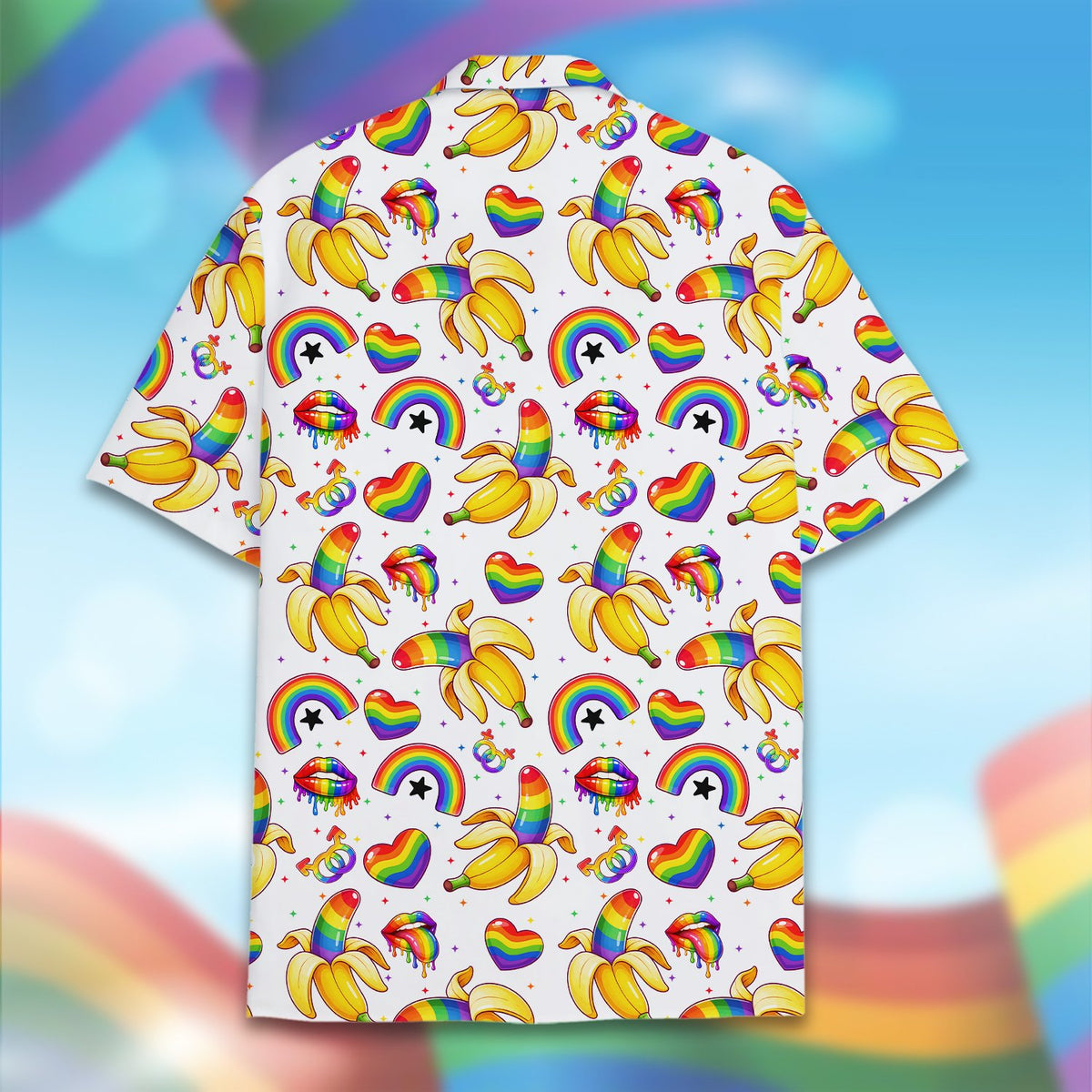 Detailed back view of the pride hawaiian shirt pattern