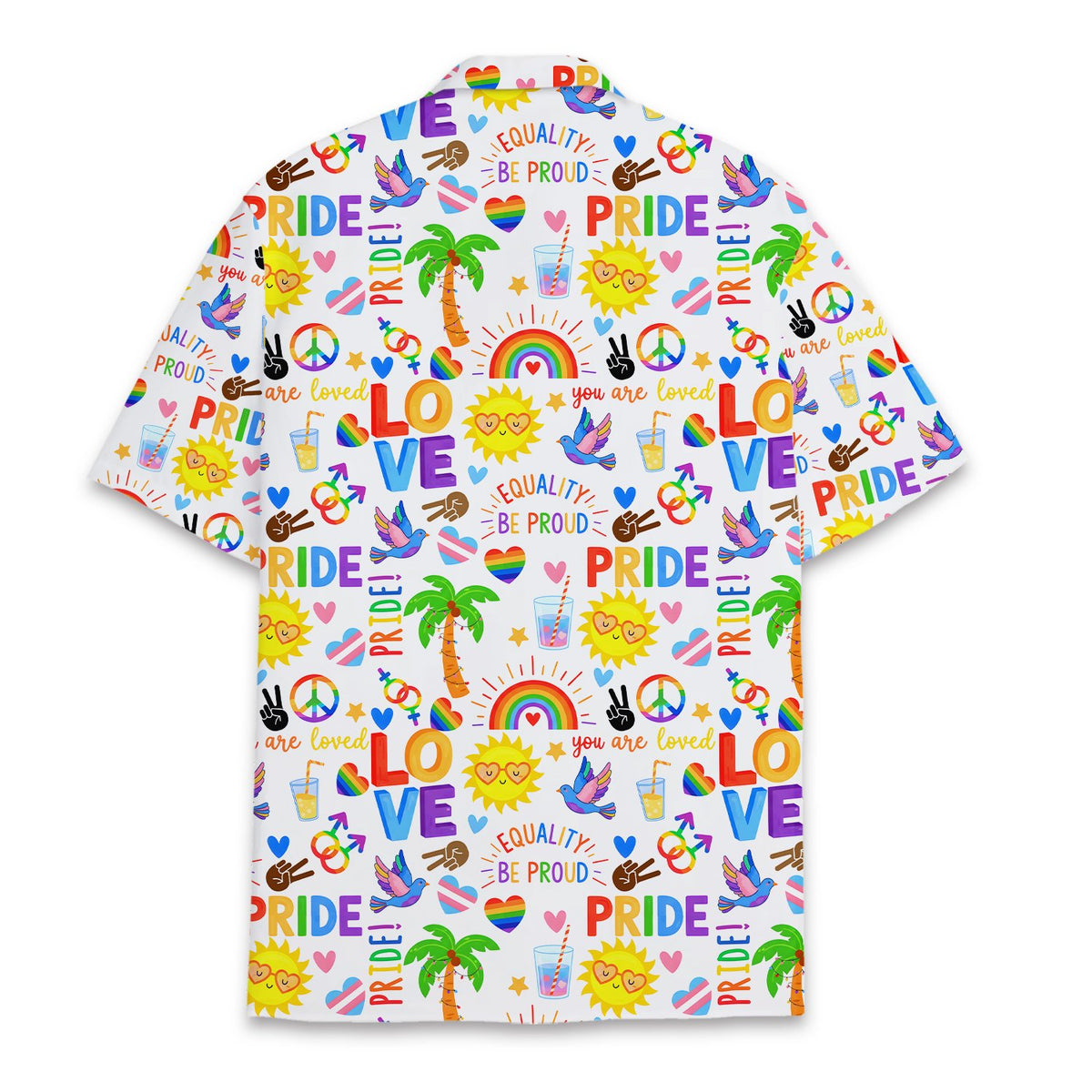 Back view of the pride hawaiian shirt showing the continuous equality and love design